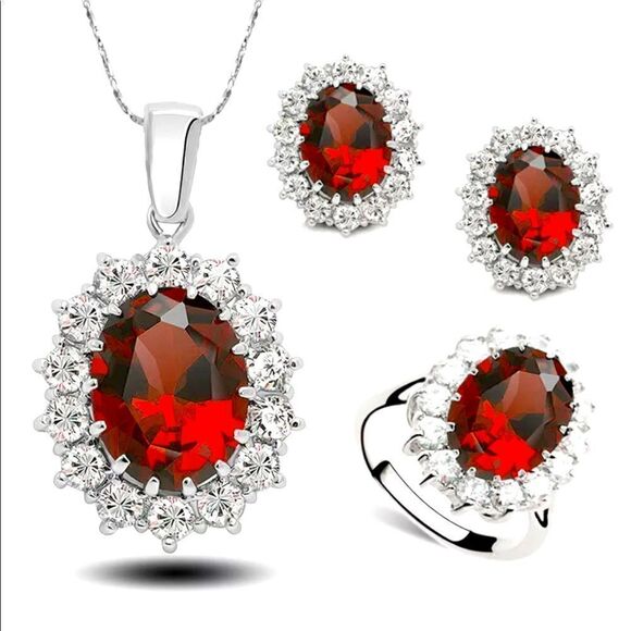 🔴Ruby Red Gemstone  Sterling Silver Plated Crystal Rhinestones Jewelry Set - Picture 1 of 8